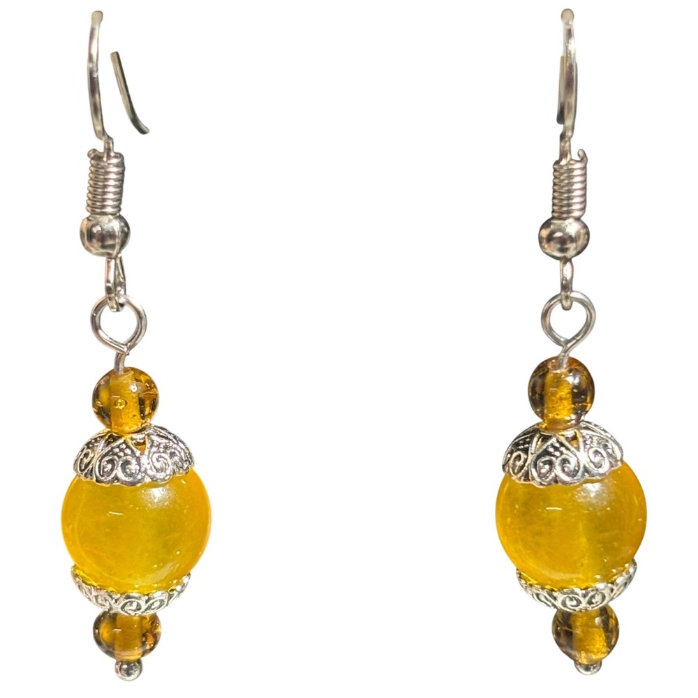 Vintage Yellow Amber Glass Bead Silver Filigree Drop Dangle Earrings